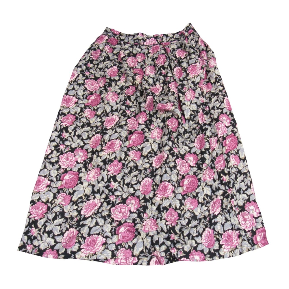 David Brooks Ltd Vintage Floral Rose Midi Skirt Black Pink Grey Size 16‎ A-Line - Picture 1 of 7